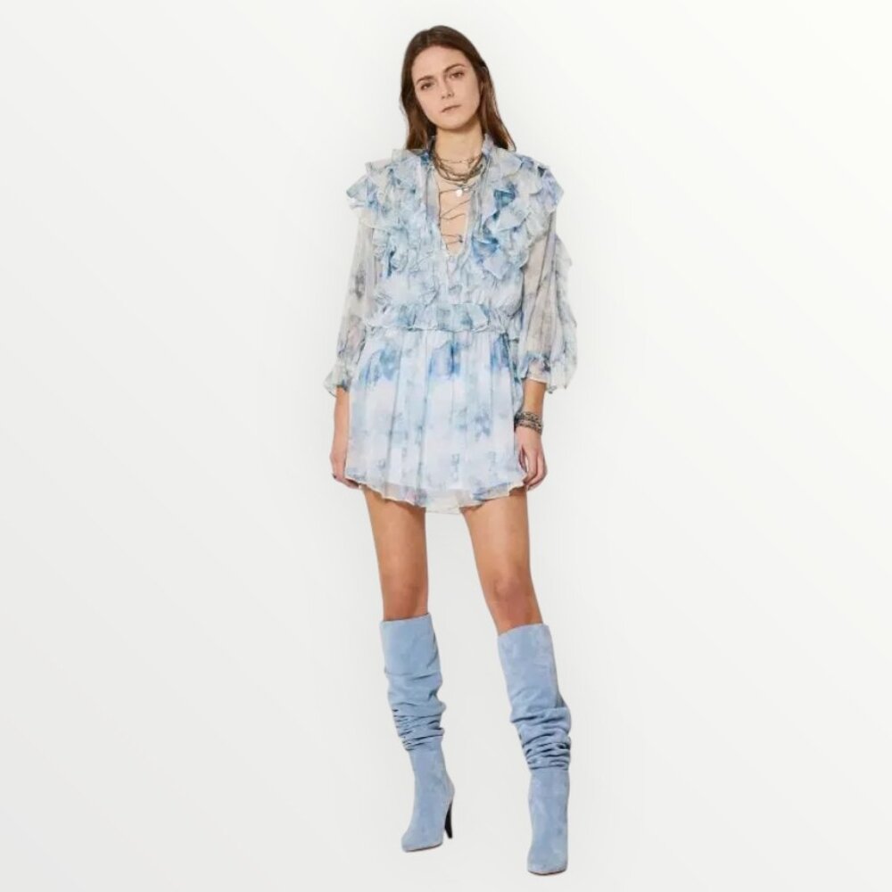 IRO Banon Lace Up Ruffled Tie Dyed Georgette Mini Dress in Sky Blue